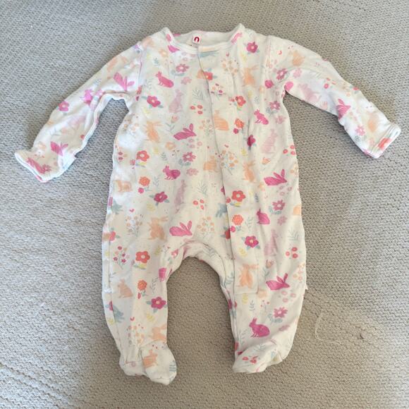 E=MC2 White + Pink Rabbit Print Spring Magnetic Closure Footed Sleeper 0 to 3 M - Picture 1 of 4